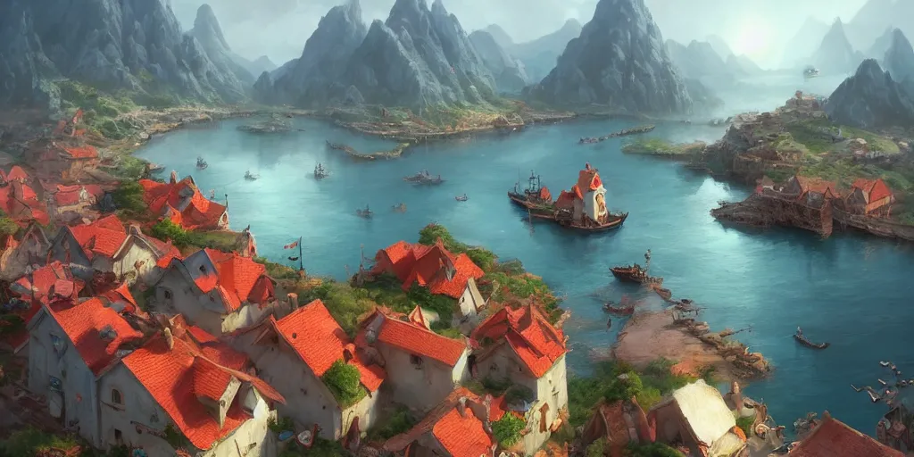 Image similar to Cozy small fantasy village on a cape, red roofs, fishing boats, view from above. In style of Greg Rutkowski, Jesper Ejsing, Makoto Shinkai, trending on ArtStation, fantasy, great composition, concept art, highly detailed, scenery, 8K, Behance.