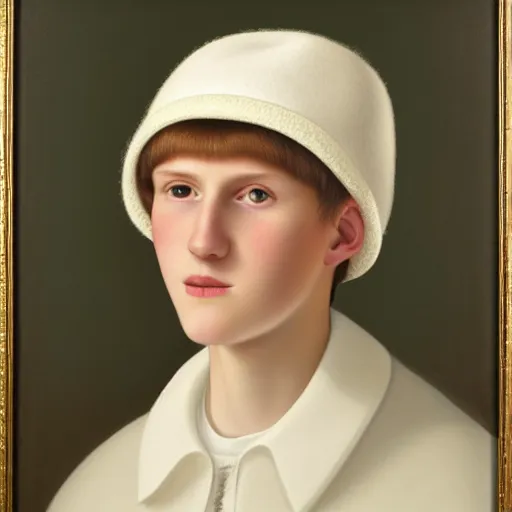 Prompt: tall white 1 6 years old teenager wearing a hat. the hat is made out of white wool and covers his entire head except for his face. the hat has two little bumps on the top at both sides that resemble bear ears. ¾ face angle portrait, royal portrait painting, oil painting, highly detailed, realistic face, self - satisfied smirk