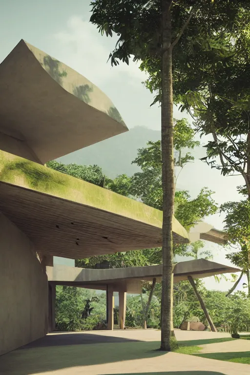 Image similar to architecture inspired by le corbusier in the rainforest. octane render. global illumination. atmospheric. photorealistic. warm colors.