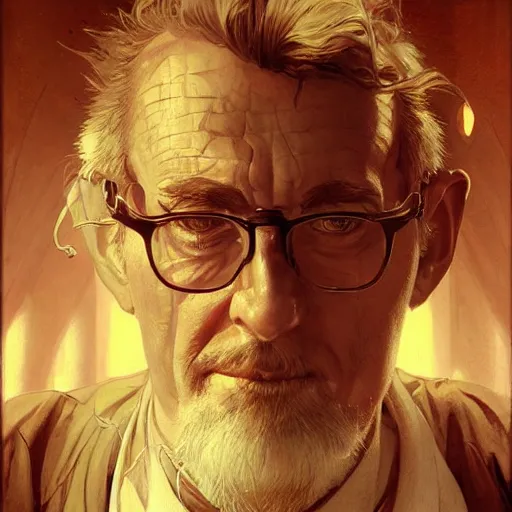 Image similar to portrait of a mad scientist in 2500, advanced technology, intricate, headshot, highly detailed, digital painting, artstation, concept art, sharp focus, cinematic lighting, illustration, art by artgerm and greg rutkowski, alphonse mucha, cgsociety