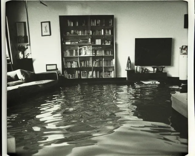 Prompt: An award winning photo of 1970's living room after a flood, 4k, color Polaroid photo