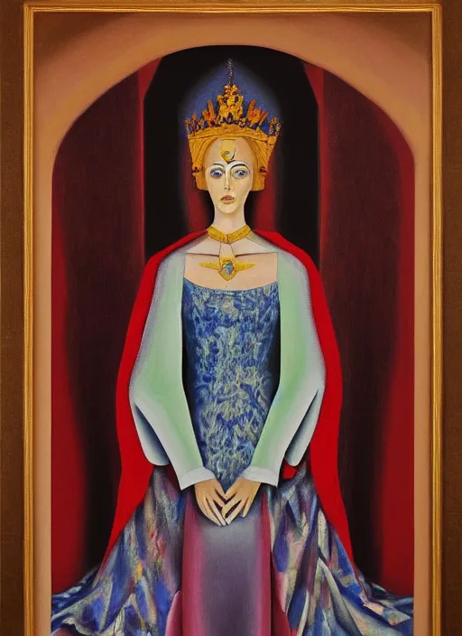 Prompt: oil painting of portait Queen of Ecstasy in a large throne room, Hungarian, by Georgia o Keeffe, by Marcel Jankowicz, animation