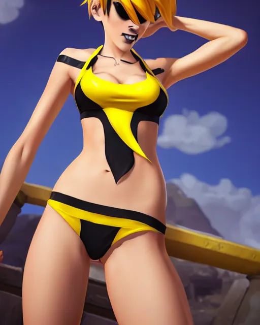 Image similar to tracer game character, in yellow bikini, blonde hair, black eyes, full height