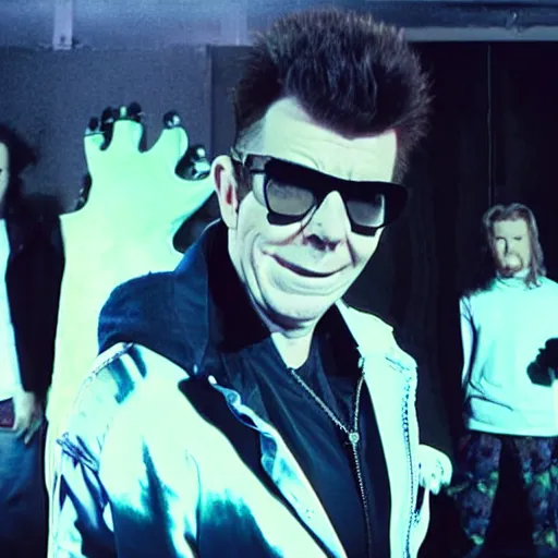 Image similar to rick astley with slipknot in never gonna give you up music video