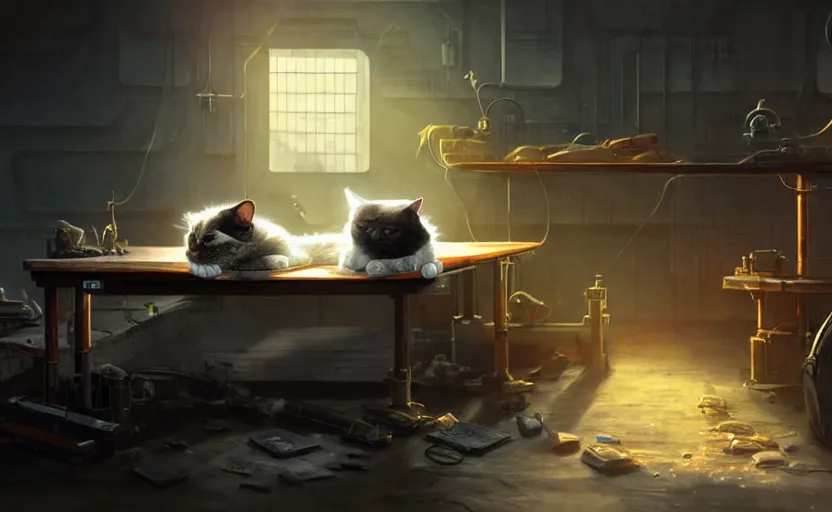 Image similar to a cat sleeping on a mechanics workbench, space opera and dystopian style, d & d, fantasy concept art, global illumination, interesting composition, volumetric lighting, art by enki bilial, highly detailed