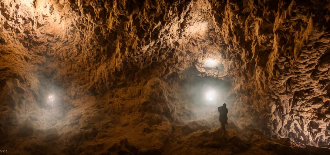 Prompt: Discovering a giant cavern full of terracotta Godzilla statues, dramatic low key lighting, fog, wide angle lens, 15mm