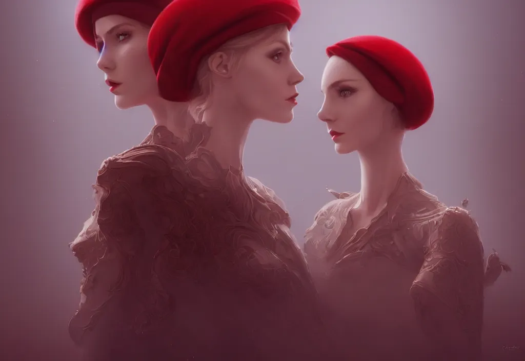 Prompt: berets of paris by charlie bowater and anna dittmann and artgerm and clemens ascher, intricate, elegant, red and beige mist, highly detailed, dramatic lighting, sharp focus, octane render, trending on artstation, artstationhd, artstationhq, unreal engine, 4 k, 8 k