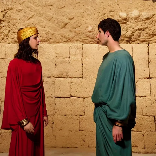 Image similar to cinematic still of 26 year old male in ancient Canaanite clothing meeting 18 year old female in ancient Canaanite clothing, dramatic lighting, establishing shot, high detail, Biblical epic directed by Wes Anderson