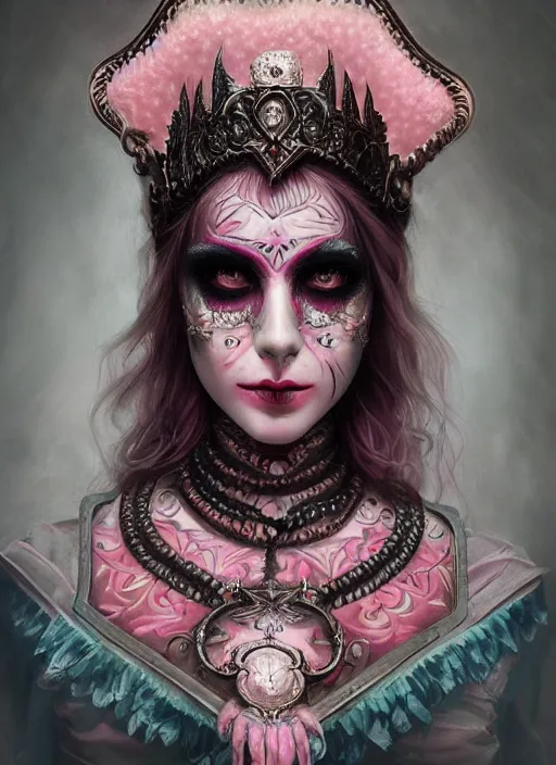 Prompt: portrait of pink vampire, symmetric, facepaint facepaint facepaint, intricate jewelry, trending on artstation 4 k, high quality, in the style of karol bak and tom bagshaw, tattoos