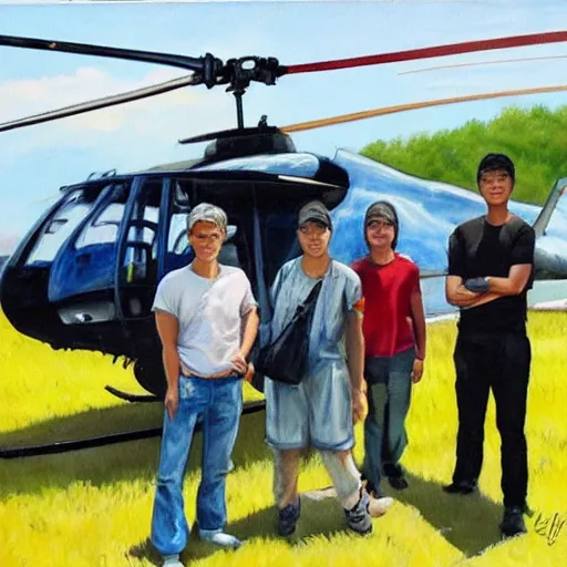 Image similar to painting of blonde swedish guy and tall korean guy in front or robinson helicopter