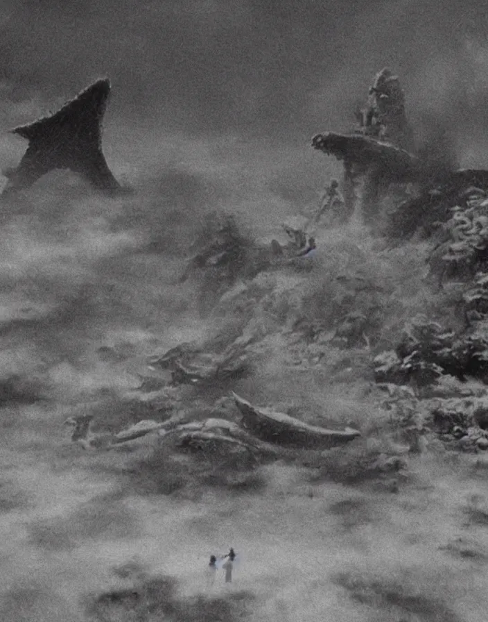 Image similar to a filmstill of a north korean monster movie, kaiju - eiga monster starfish - like trampling a traditional korean palace, foggy, film noir, video compression