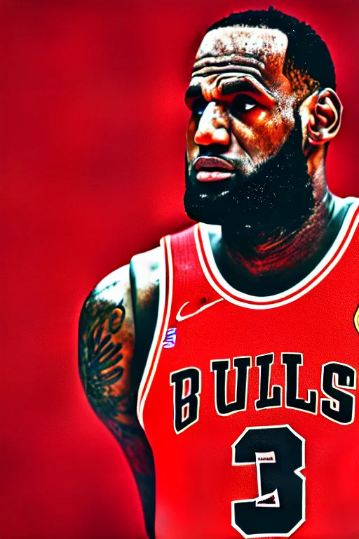 Prompt: 4 k portrait of lebron james in a chicago bulls uniform