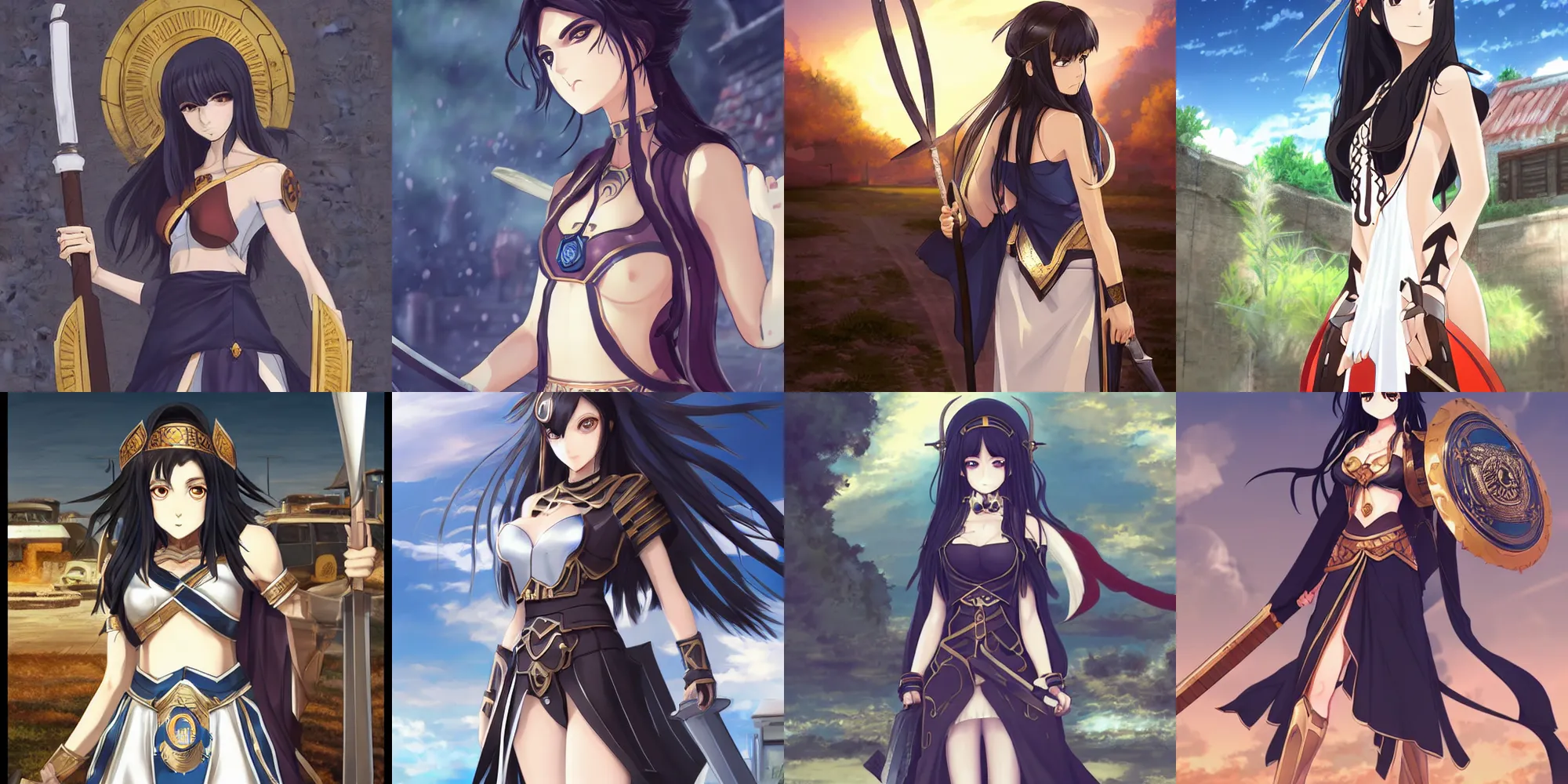 Prompt: a beautiful dark - haired maiden in grecian clothes, with a shield and gladius, standing in a parking lot, digital anime by wlop and mobius