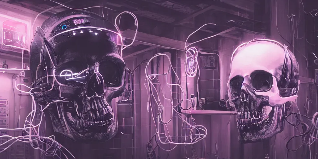 Prompt: a photorealistic cyberpunk skull with electronic wires and cables coming out of it, eyes lighting up with LED lights, in a seedy cellar lab, vaporwave, scifi, trending on artstation, 4K, cinematic, epic lighting, UHD, HDR