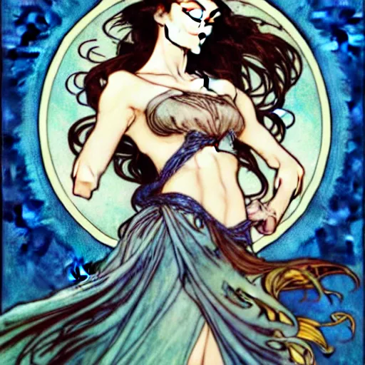 Image similar to in the style of artgerm, arthur rackham, alphonse mucha, phoebe tonkin, symmetrical eyes, symmetrical face, flowing blue skirt, hair blowing, full body, intricate filagree, hidden hands, warm colors, cool offset colors