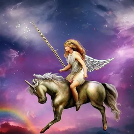 Image similar to photo of a beautiful angel warrior riding a unicorn into battle