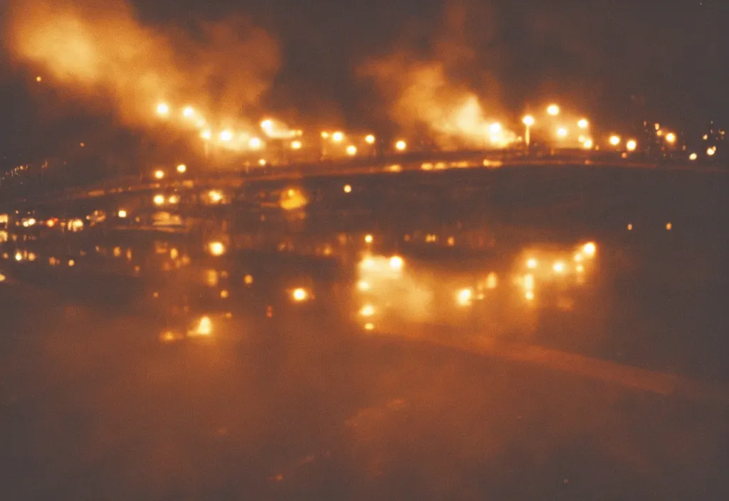 Image similar to lomo photo of a large burning bridge, cinestill, bokeh, out of focus, night, dramatic lighting