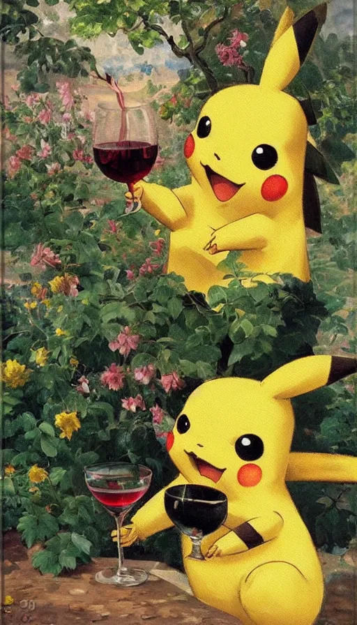 Prompt: still life painting of Pikachu drinking wine in a garden by Peder Krøyer, golden hour, dramatic lighting, intricate detail, canvas print