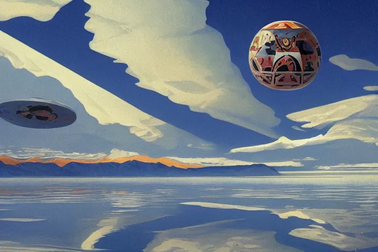 Prompt: a giant floating sphere covered in canadian aboriginal patterns!! hovering above a Yukon lake, (painted by Ralph McQuarrie), matte painting, concept art