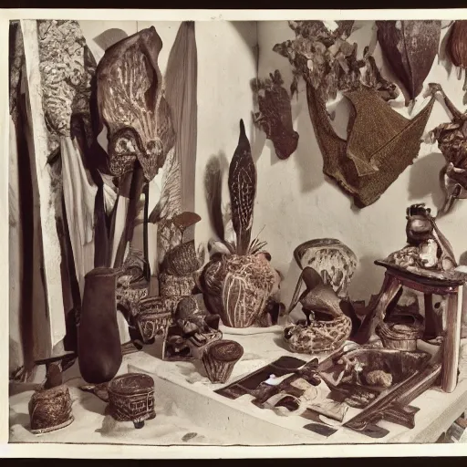 Image similar to an offset photography of an object on display, three colors, ( anthropology of wonder ), ( ( exotic artifacts ) ), bauhause, ( tropicalism ), ( colonial expedition ), exhibition, 6 0 s style