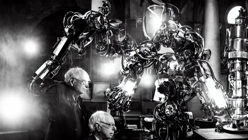Prompt: bernie sanders putting the finishing touches on an intricate magical clockwork doomsday robot, black and white photo, cinematic moody lighting, sharp focus