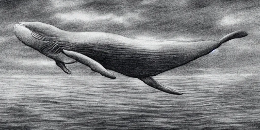 Prompt: a whale swimming in the sky, a dark cloudy day, a shot from skyscrapper, pencil drawing, ultra realistic, dmt