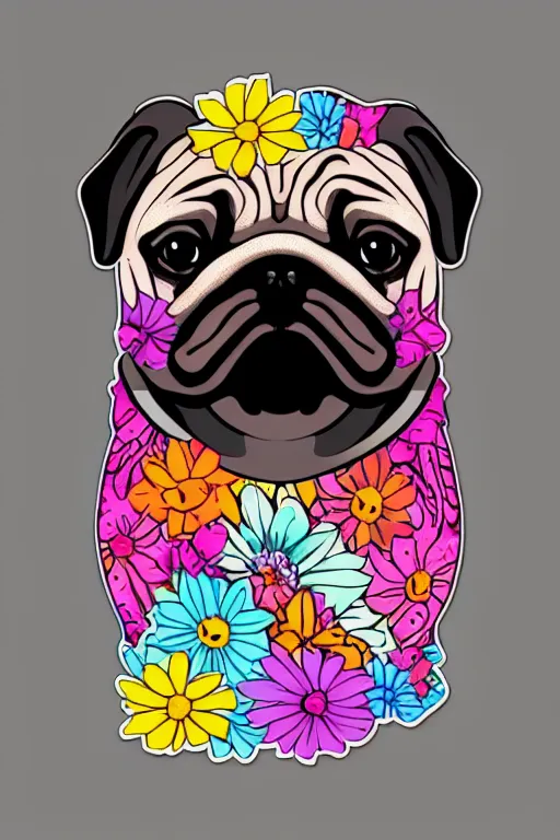 Image similar to portrait of a flower pug, art by milka oxana, sticker, colorful, illustration, highly detailed, simple, smooth and clean vector curves, no jagged lines, vector art, smooth