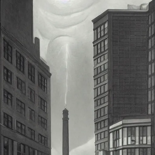 Image similar to an engraving of a storm battering a light tower skyscrapper, brutalism, in city downtown by edward hopper