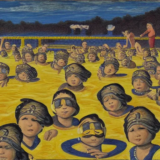 Prompt: when the art knowledge of ai trained by millennials, is like swimming in the yellow tinted wading pool at the community swimming center