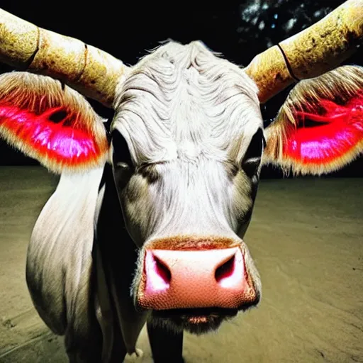 Image similar to ultra - realistic close - up of creepy cow at night, fish - eye - lense, disturbing horror photo, doorbell camera footage