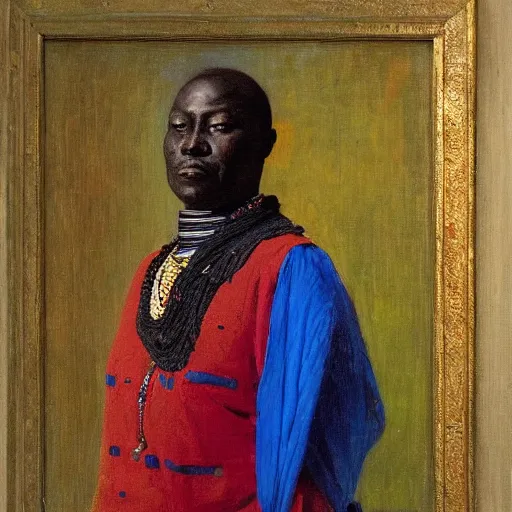 Image similar to portrait of king of dahomey outside, 1905, brightly coloured oil on canvas, by ilya repin