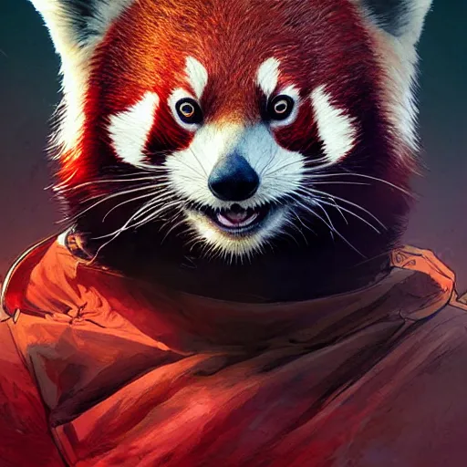 Prompt: red panda as female doctor character, digital illustration portrait design, by android jones and greg rutkowski, retrowave color scheme, detailed, cinematic lighting, wide angle action dynamic portrait