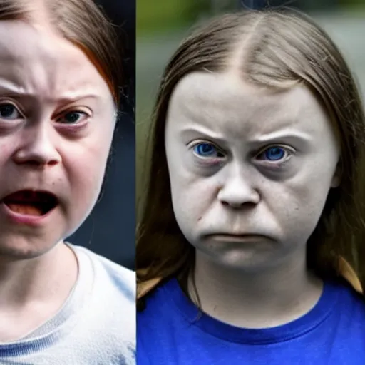 Image similar to greta thunberg displeased face, face swap with thomas tank engine