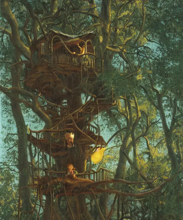 Image similar to masterful oil on canvas painting, eye - level view, shot from 5 0 feet distance, of a kid playing in a treehouse. in the background is a whimsical sparse forest. golden hour, detailed, depth, volume, chiaroscuro, quiet intensity, vivid color palette. by tex avery and gerald brom