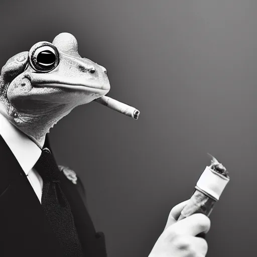 Image similar to a high detail closeup photograph of a 🐸 wearing a suit 👔,and smoking a cigarrette🚬, award wining photograph