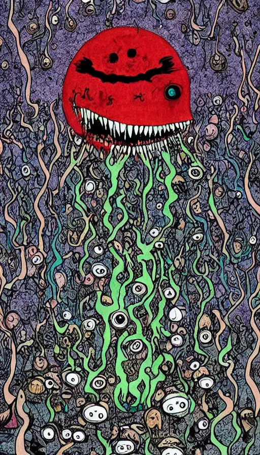 Image similar to a storm vortex made of many demonic eyes and teeth over a forest, by allie brosh