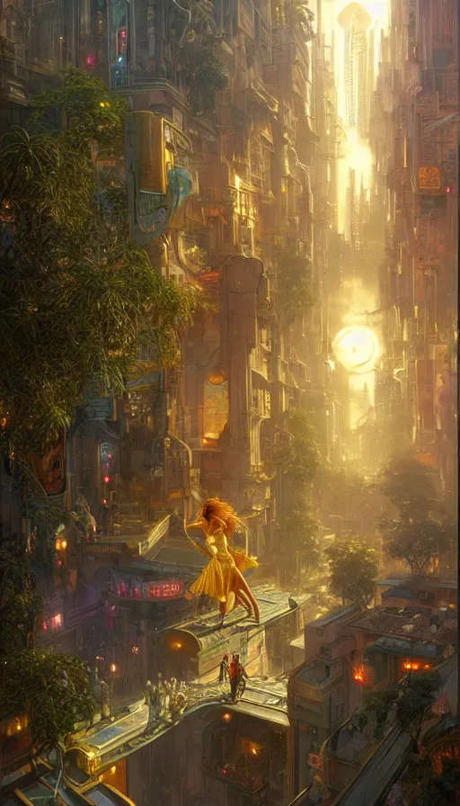 Prompt: golden goddess cutting a hyper realistic cyberpunk city in half with magic, crowded market street overtaken by lush plants, kittens, full moon, light rays, gnarly trees by tom bagshaw, mucha, gaston bussiere, craig mullins, j. c. leyendecker 8 k