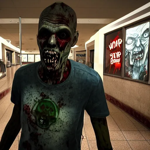 Prompt: highly detailed portrait of a boomer zombie from left 4 dead, style of stephen bliss, in a shopping mall with waterfountain, unreal engine, global illumination, detailed and intricate environment