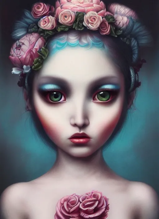 Image similar to pop surrealism, lowbrow art, realistic cute girl painting, japanese street fashion, hyper realism, muted colours, rococo, natalie shau, loreta lux, tom bagshaw, mark ryden, trevor brown style,