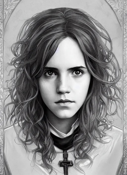 Image similar to hermione! granger! at hogwarts!!!! by emma watson. beautiful detailed face. by artgerm and greg rutkowski and alphonse mucha