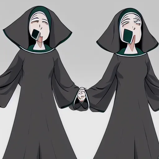 Prompt: two identical beautiful female nuns standing across from each other, dusky, clean detailed anime art