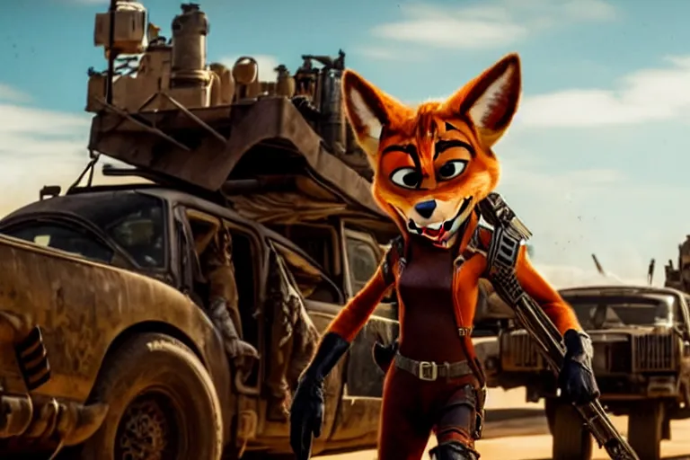 Image similar to nick wilde, heavily armed and armored facing down armageddon in a dark and gritty reboot from the makers of mad max : fury road