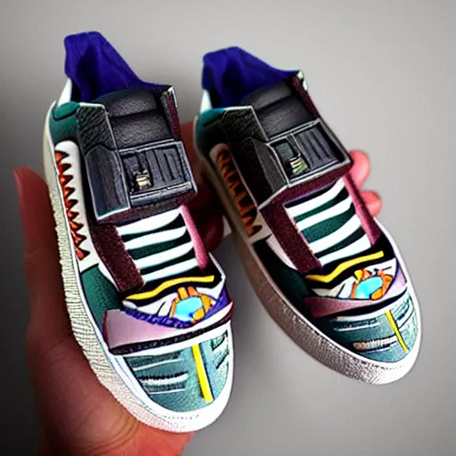 Image similar to realistic scultpure of sneaker! design, sneaker design overwatch fantasy style mixed with aztec mayan native street fashion, focus on sneakers only, shoes designed by akira toriyama and studio ghibli