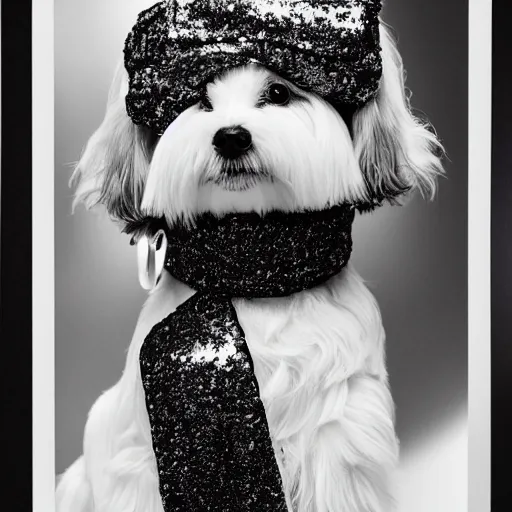 Image similar to a cream - colored havanese dog in a black and white sequined dress posing for a picture, a poster by david lachapelle, instagram contest winner, private press, tarot card, blueprint, black background