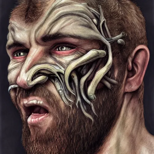 Prompt: bodyhorror portrait of ramzan kadyrov who became an ugly lovecraftian monstrosity, photo - realistic, color image, 2 k, highly detailed, horror, by giger