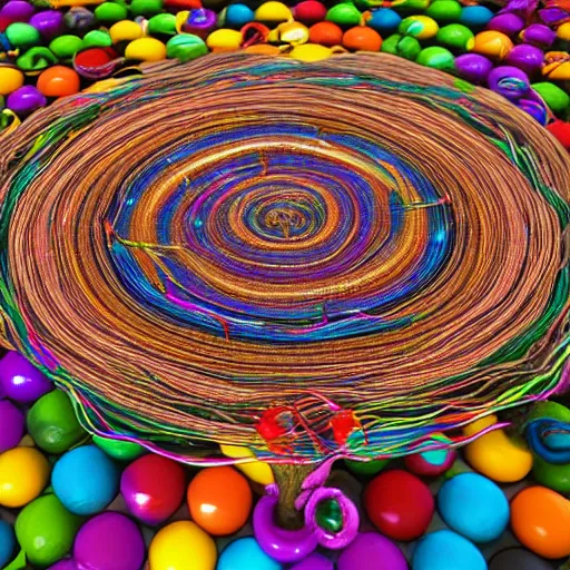 Image similar to tree roots intertwined with thin colorful strings forming around colorful marbles in a tangled mandala vortex growing out of a hexagonal box by Jim Burns and Margaux Valonia, rainbow colors, vivid colors, saturated, hyperdetailed, photorealistic, octane render, 3D, trending on artstation