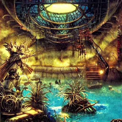 Prompt: japanese waterpark painting by brain froud, charles vess, cinematic lighting, epic composition, highly detailed