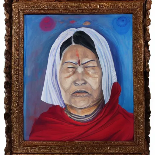 Prompt: a nepali woman wearing a white shawl, sad, bloody, tears, oil painting