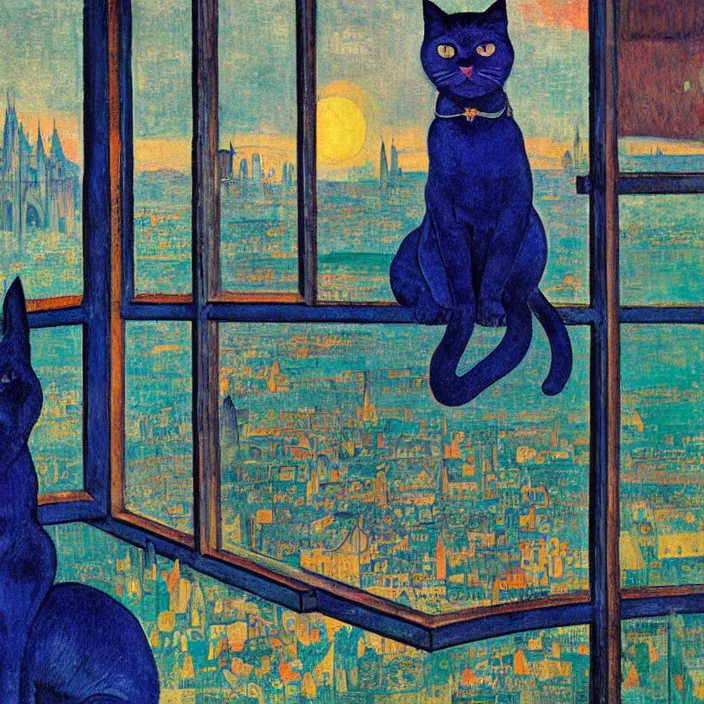 Prompt: dark blue indigo cat sitting in a window, looking at the city with gothic cathedral. sun setting through the clouds, vivid iridescent psychedelic colors. gauguin, agnes pelton, egon schiele, henri de toulouse - lautrec, utamaro, monet