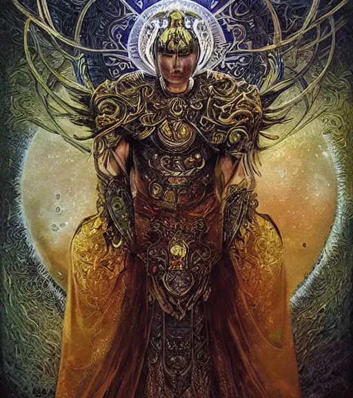 Prompt: I am the warrior Lord of the three worlds of existence, the manifest Lord of the glorious Lord’s manifestation. I am alive, and I am rejuvenated. Be strong,, and be prepared. Strive hard and become a chosen one. the seven stars are mine, portrait, overgrowth and dark flowers by karol bak, WLOP, James Jean! , tom bagshaw, rococo, trending on artstation, fantasy, elegant, highly detailed, digital painting, concept art, smooth, sharp focus, illustration, cinematic lighting, hyper realism, octane render, 8k, hyper detailed.